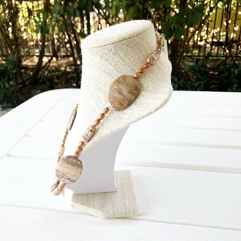 NWT Genuine Jasper & Pearls Beaded Necklace Brown Bronze - Picture 3 of 5